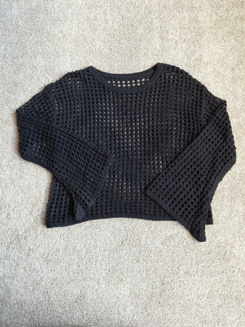 Black Open-Knit Crewneck Sweater